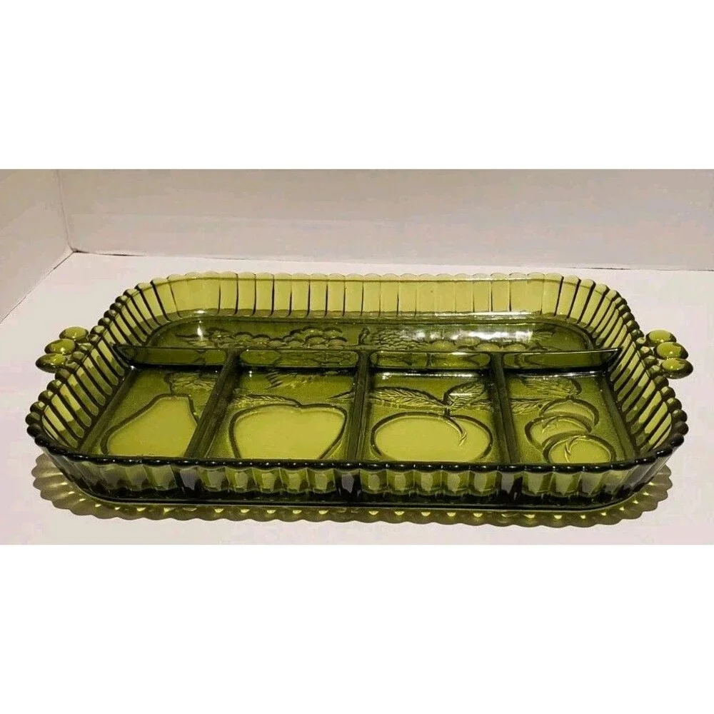 Green Indiana Glass Divided Serving Rectangular Tray 5 Compartments Fruits Vtg